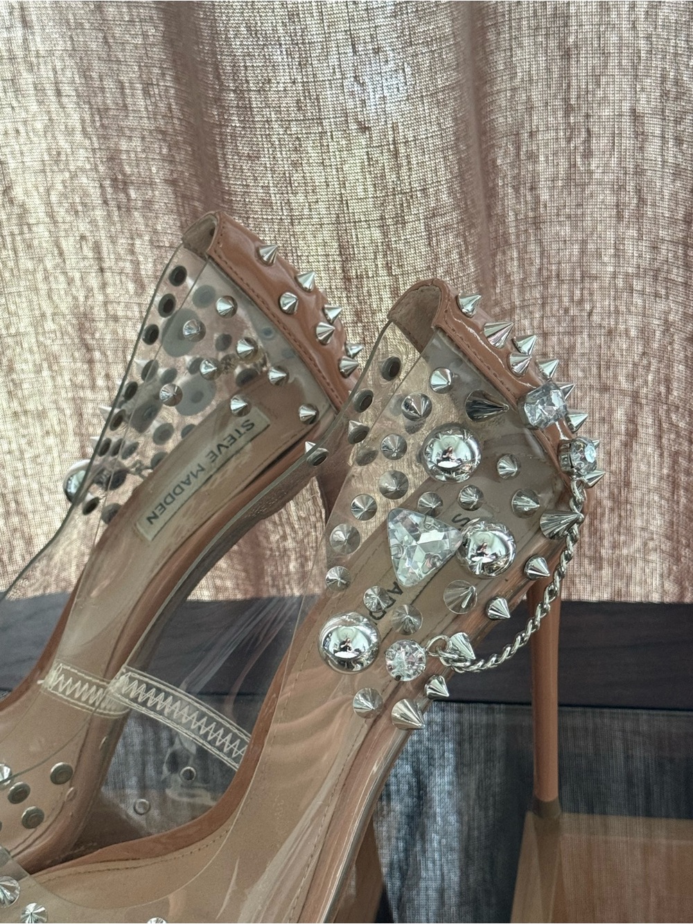 Steve Madden Nude and Clear Crystal Spike Stiletto Heels